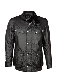 Czarna woskowana bawełniana kurtka z korduroyowym kołnierzem, pionowym zamkiem błyskawicznym i zapięciami na guziki, dwoma dużymi kieszeniami z przodu oraz subtelnym połyskiem.