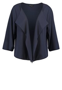 Cardigan bleu marine ouvert sur l'avant avec manches trois-quarts et large col à revers.