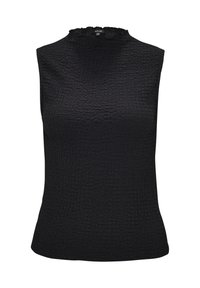 Zwarte mouwloze top met een gestructureerde afwerking, voorzien van een subtiele ruffle bij de halslijn. Gemaakt van lichtgewicht stof, met een aansluitend ontwerp.