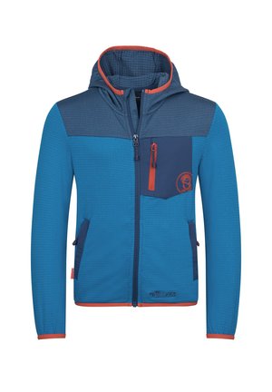 Blue hooded jacket with orange trim, chest pocket with zipper, full front zipper, and side pockets, designed for outdoor wear.