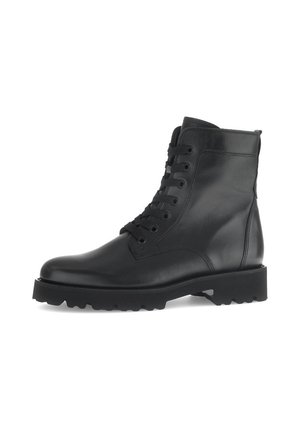 Black leather ankle boot with round toe, lace-up front, and textured rubber sole. Features a smooth finish and sturdy construction.