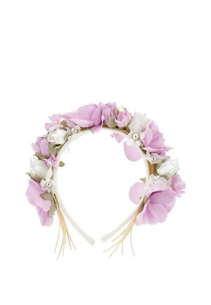 Hoofdband versierd met roze en witte kunstbloemen en groene bladeren, geaccentueerd met kleine parelachtige kraaltjes.