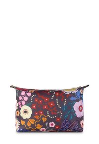 Bloemenrits tas op een donkere achtergrond, met heldere, veelkleurige bloemen en bladeren. Gladde, glanzende stof met een eenvoudige, rechthoekige vorm.