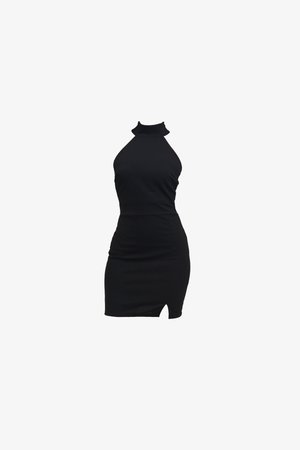 Schwarzes Neckholderkleid mit figurbetontem Design, knielang, glatter Textur, seitlichem Schlitzdetail und geripptem Halsabschluss.