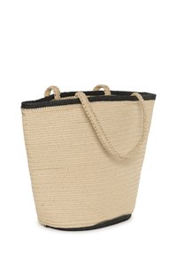 Sac fourre-tout tissé beige avec deux poignées, bordures noires sur les bords supérieur et inférieur, légèrement plus large en haut qu'à la base.