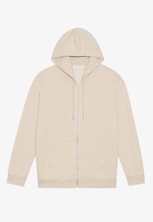 Bežna zip-up kapuca iz mehkega bombažnega materiala, z žepom za kangurja spredaj, kapuco z vrvico ter rebrastimi manšetami in robom.