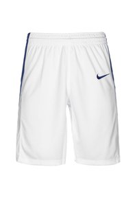 Witte sportshorts met een marineblauwe zijpaneel, elastische tailleband en een klein marineblauw Nike-logo aan de linkerkant. Gemaakt van lichtgewicht materiaal.