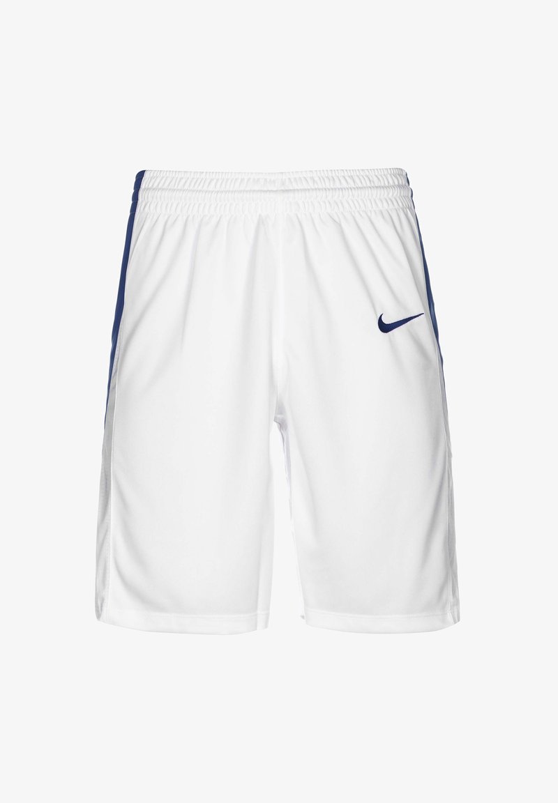 Shorts de sport blancs avec un panneau latéral bleu marine, une taille élastique et un petit logo Nike bleu marine sur le côté gauche. Fabriqués en matériau léger.