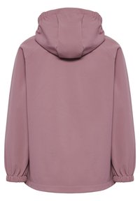Set bagfra af en lilla hættetrøje med lange ærmer og elastiske manchetter på hvid baggrund.