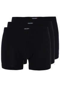 Tre paia di boxer neri in cotone con fascia elastica e un logo del marchio sul davanti. Tessuto liscio, design semplice.