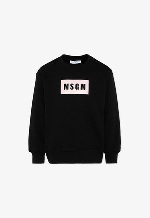 Sweat-shirt noir à manches longues et col rond avec un patch rectangulaire rose clair et le texte "MSGM" en noir audacieux centré sur la poitrine.