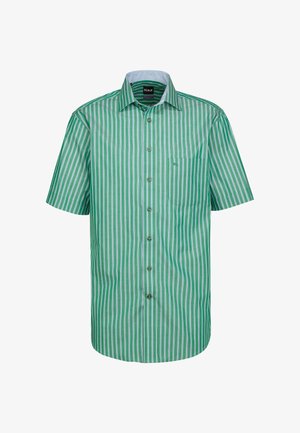 Camicia a maniche corte con strisce verticali verdi e bianche, con chiusura a bottoni sul davanti, colletto e una tasca sul petto.