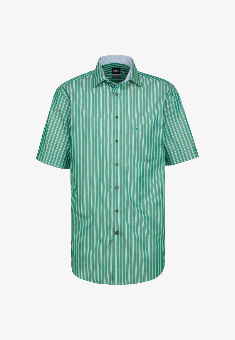 Chemise à manches courtes présentant des rayures verticales vertes et blanches, avec un devant à boutons, un col et une poche poitrine.