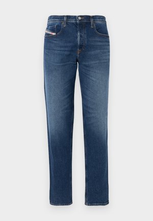 Blue denim jeans with a straight cut, five pockets, and subtle fading. Features contrasting stitching and a button closure at the waist.