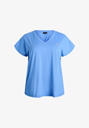 Light blue v-neck t-shirt with short sleeves, made of soft fabric; features a small logo on the upper left side.