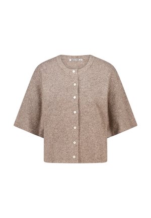 Beige short-sleeve knitted cardigan with round neck and seven white buttons down the front, labeled "America Today."