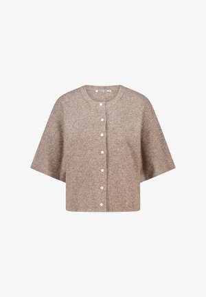 Beige short-sleeve knitted cardigan with round neck and seven white buttons down the front, labeled "America Today."