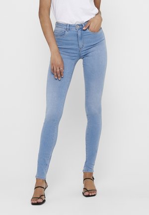 Lichtblauwe hoge taille skinny jeans van denim. Heeft vijf zakken, een rits- en knoopsluiting, met een aansluitende pasvorm en lichte stretch.