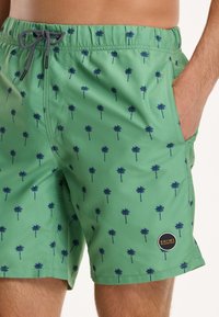 Grüne Schwimmshorts mit einem Palmenmuster in Marineblau, elastischem Bund mit Kordelzug und seitlichen Taschen. Markenlogo auf dem Bein.