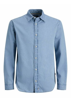 Camicia di jeans a maniche lunghe azzurro chiaro con bottoni frontali, colletto appuntito e fodera interna del colletto con motivo.