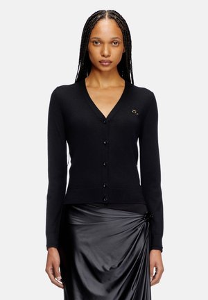 Black wool cardigan with a V-neck, front button closure, and a small logo accent. Fitted design with long sleeves and ribbed hem.