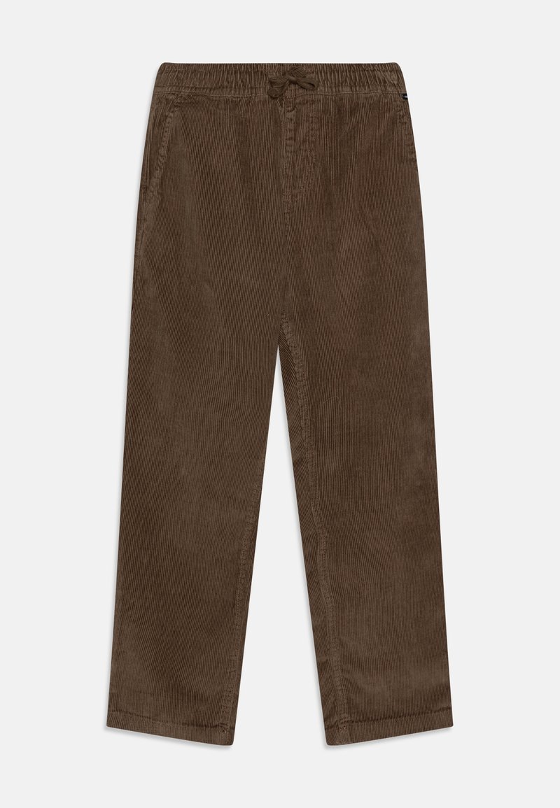 Pantalon en velours côtelé marron avec taille élastique et cordon de serrage, coupe droite et poches latérales, présenté à plat sur fond blanc.