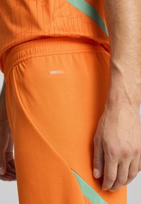 Bermudas deportivas de color naranja brillante, hechas de una tela texturizada, con una etiqueta visible "DRYCELL" y un acento verde menta en contraste a lo largo del costado.