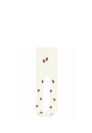 Weiße Strumpfhosen mit glatter Textur, die ein verstreutes Muster aus kleinen roten Erdbeeren zeigen. Offenes Fußdesign für einfaches Tragen.