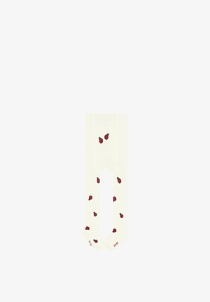 Collants blancs avec une texture lisse, ornés d'un motif éparpillé de petites fraises rouges. Design à pieds ouverts pour un enfilage facile.