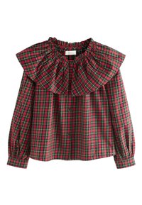 Chemise à carreaux rouges et verts avec un grand col à volants, une fermeture boutonnée sur le devant et des manches froncées. Confectionnée en tissu léger à la texture lisse.