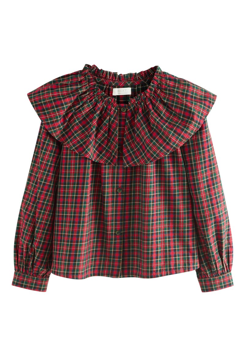 Chemise à carreaux rouges et verts avec un grand col à volants, une fermeture boutonnée sur le devant et des manches froncées. Confectionnée en tissu léger à la texture lisse.