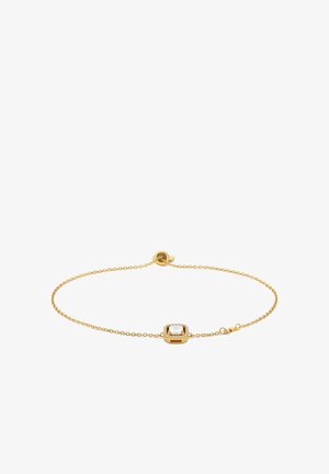 Goldkette-Armband mit einem quadratischen, facettierten, klaren Stein und einer Perlenumrandung. Feine, zarte Glieder sorgen für ein leichtes Design.