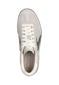 Light gray Skechers sneaker with white laces, memory foam insole, and a black patterned side logo, viewed from above.