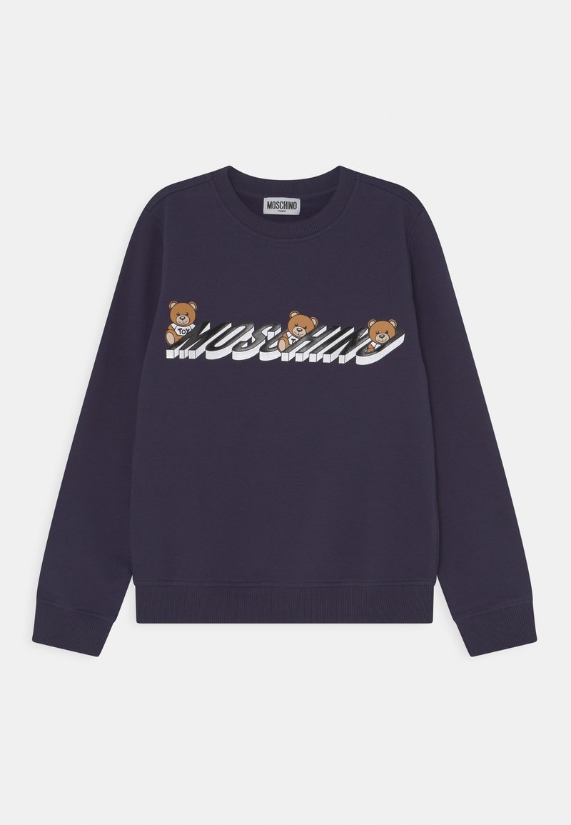 Marineblauer Sweatshirt mit langen Ärmeln, versehen mit weißem "Moschino"-Schriftzug und drei Teddybären, die in das Design auf der Brust integriert sind.