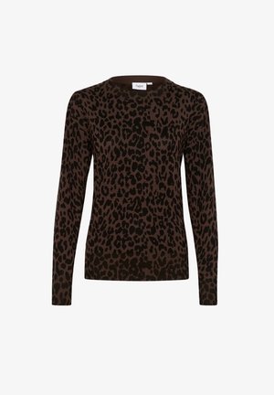Bruine luipaardprint trui met lange mouwen, ronde halslijn, ribbelstructuur en zwarte accenten door het patroon heen.