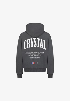 Grijze hoodie met witte tekst: "CRYSTAL," "AV. DES CHAMPS-ÉLYSÉES," "DÉPARTEMENT 75," "PARIJS, FRANKRIJK," en een kleine Franse vlag.