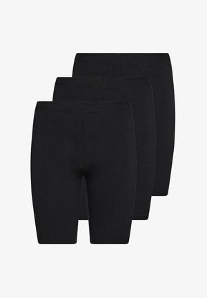 Trefarvet sorte bomuldsshorts. Elastisk talje, tætsiddende design, knælang. Glat tekstur, ingen synlige mønstre eller hardware.