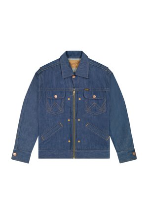 Plava traper jakna s prednjim patentnim zatvaračem i kopčom na gumbe, dva džepa na prsima s preklopom, bočni džepovi i kopča u bakrenoj nijansi.