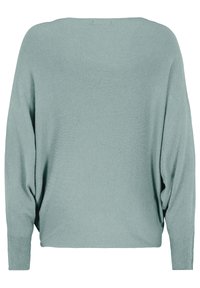 Hellgrüner Pullover aus strukturiertem Stoff, mit lockerer Passform, weitem Ausschnitt und gerippten Bündchen. Keine sichtbaren Muster oder Akzente.