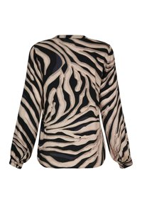 Langärmlige Bluse mit schwarzen und beigen abstrakten Zebra-Streifen, Rundhalsausschnitt und geknöpften Bündchen, von hinten gezeigt.