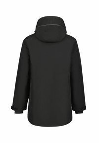 Schwarze, wasserfeste Jacke mit Kapuze, ausgestattet mit einem Reißverschluss, langen Ärmeln und verstellbaren Manschetten. Schlichtes, funktionales Design.