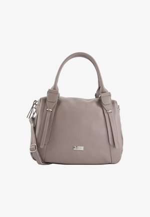 Graue Lederhandtasche mit doppelten Griffen, abnehmbarem Schultergurt, silberfarbigen Hardware-Elementen und strukturiertem Finish. Verfügt über einen Reißverschluss und Taschen.