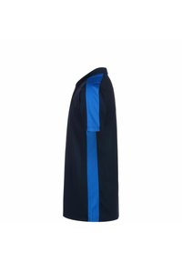Polo shirt navy con una striscia laterale blu, maniche corte e colletto. Realizzato in tessuto liscio e leggero. Design a taglio dritto.