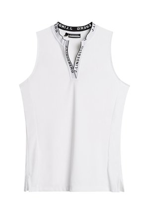 Witte mouwloze top met een hoge halslijn, voorzien van een gedeeltelijke rits en een zwart merkenaccent aan de binnenzijde van de kraag. Zijsplitten voor extra bewegingsvrijheid.