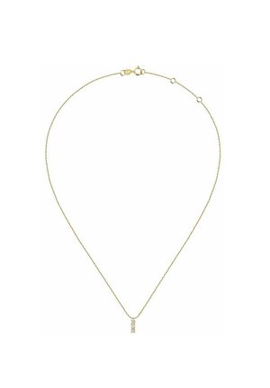 Goldkette mit rechteckigem Anhänger, der klare Edelsteine aufweist, eine glatte Textur und ein zartes Kabelketten-Design.