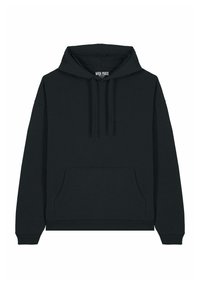 Sudadera con capucha negra hecha de una tela suave. Presenta un bolsillo frontal tipo canguro, puños de canalé y cuerdas ajustables en un diseño clásico.