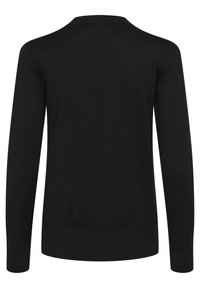 Mustmust meega pikkade varrukatega, ümmarguse kaelusega, ribatud mansettide ja alumise servaga. Sujuv tekstuur, minimalistlik disain ja mitte mingisuguseid nähtavaid mustreid.
