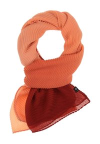 Hladký šál s ribovaním v gradientných odtieňoch oranžovej, prechádzajúcom do hlbokej červenej. Ľahká, textúrovaná tkanina s jemným, priesvitným povrchom.