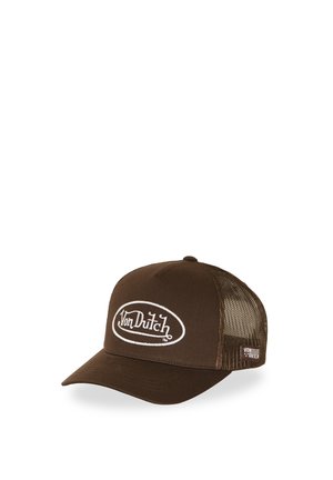 Brown Von Dutch baseball cap with mesh back and white embroidered logo on front and side tag.