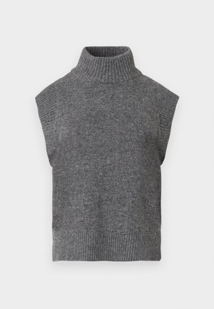 Grauer ärmelloser Strick-Turtleneck-Pullover mit gerippter Struktur, figurbetonter Silhouette und breitem, hohem Kragen. Schlichtes, vielseitiges Design ohne Muster.